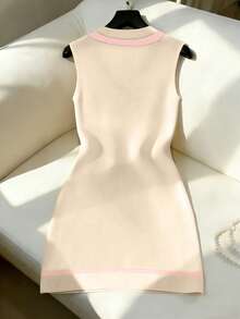 Franclia Đầm dệt kim ngắn ôm sát cơ thể, nhẹ nhàng, thanh lịch, đa năng dành cho nữ, cổ chữ V, buộc dây vai, không tay, thắt nơ phía trước, trang trí cúc ngọc trai, thích hợp mặc hàng ngày, mùa xuân/hè. - Nhiều màu - Xem 2