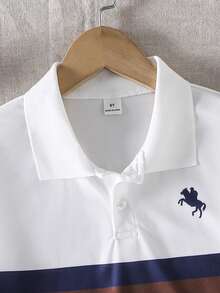 SHEIN 大码男童Polo衫，撞色休闲日常针织Polo衫，校服，休闲外出，夏季新品系列 - 白色 - 查看 5