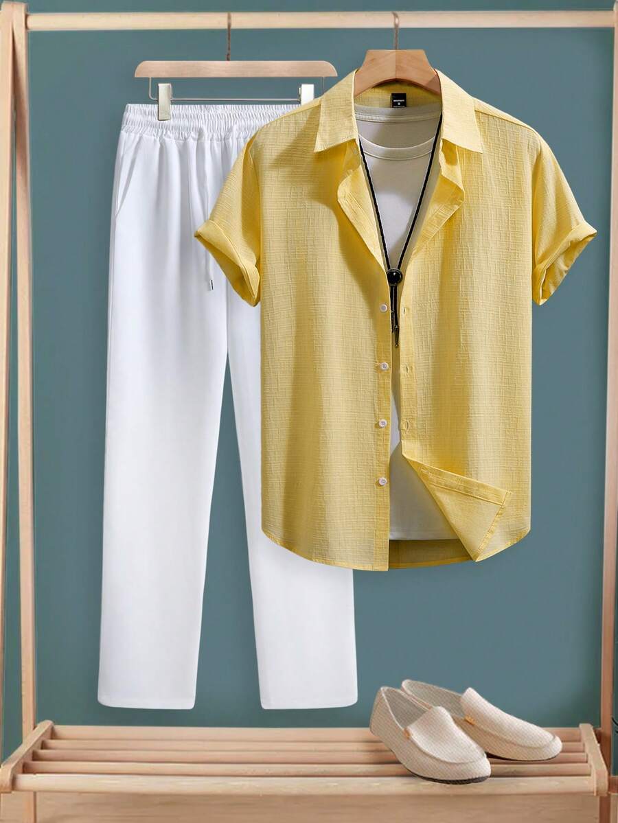 Manfinity Homme 男士夏季休闲衬衫和裤子套装 - 黃色 - 查看 1