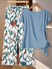 SHEIN Clasi 休闲简约绿色玻璃窗几何印花长裤搭配宽松系带蓝色衬衫，两件套，适合春夏度假穿着 - 彩色 - 查看 2