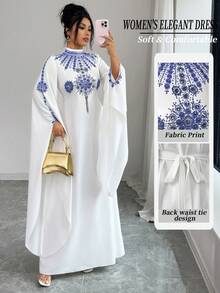 Elenzga 女士新款时尚优雅中东风复古法式立领金色印花开襟下摆系带蝙蝠袖白色长裙，适合通勤、圣诞节、新年、街头风、法式浪漫、休闲、中东复古风、下午茶聚会、派对、感恩节、返校季、秋冬季等场合。 - 藍色 - 查看 1