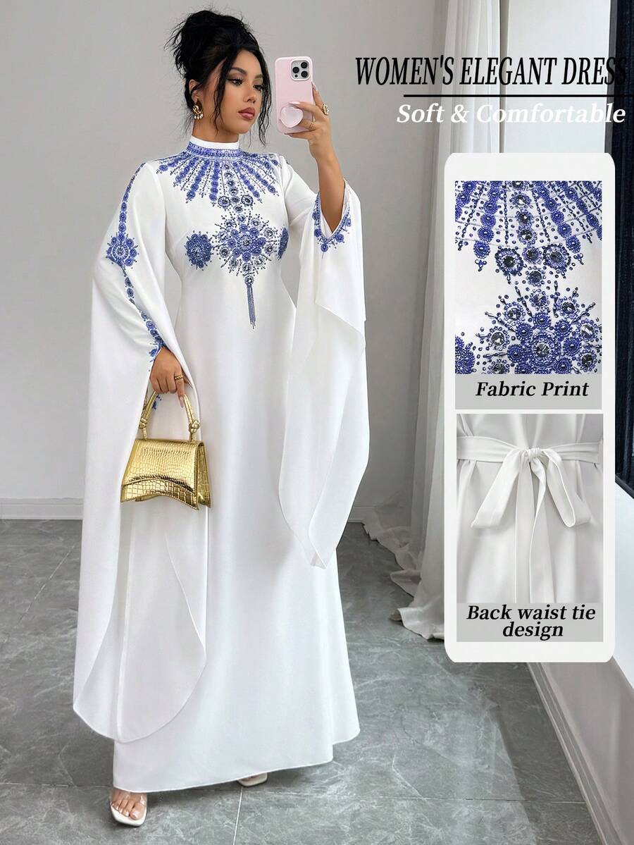 Elenzga 女士新款时尚优雅中东风复古法式立领金色印花开襟下摆系带蝙蝠袖白色长裙，适合通勤、圣诞节、新年、街头风、法式浪漫、休闲、中东复古风、下午茶聚会、派对、感恩节、返校季、秋冬季等场合。 - 藍色 - 查看 1