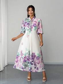 Elenzga Đầm maxi dài tay in hoa cổ tàu dành cho nữ cỡ lớn, thích hợp cho kỳ nghỉ, tiệc tùng và hẹn hò. - Màu tím - Xem 7