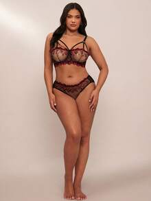 SHEIN BAE 2 件套加大码浪漫花卉印花性感文胸和内裤内衣套装，提拉 - 黑色 - 查看 7