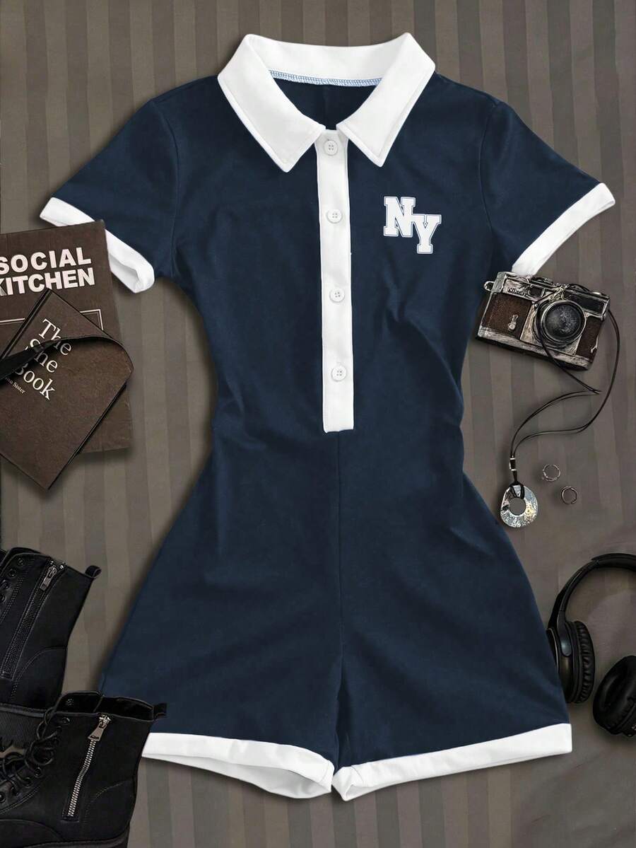 SHEIN 棕白撞色Polo领连体裤，复古学院风，适合日常穿着和约会。