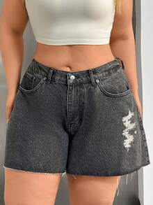 SHEIN Women Washed Detail High-Rise Plus Size Elastic Waist Denim Shorts - Dark Grey - View 3