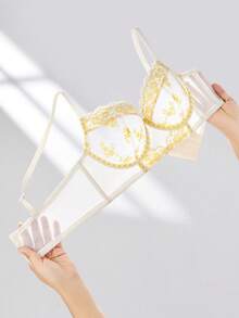 LUVLETTE Breathable Unlined Lace Elegance Push-Up Balconette Corset Lingerie Lounge Curve Yellow & White Floral Minimizer Bridal Bra As Outerwear Wedding - Beige - View 10