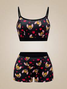 TOM & JERRY X SHEIN 女士卡通爱心印花吊带背心和短裤内衣套装 - 黑色 - 查看 7