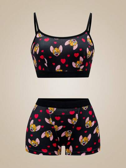 TOM & JERRY X SHEIN Women's Cartoon Heart Print Camisole And Shorts Lingerie Set