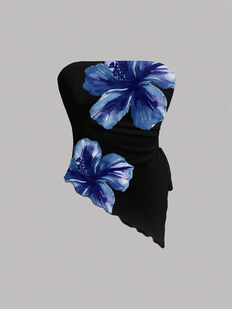 SHEIN MOD 女士休闲碎花不对称下摆抹胸上衣 - 彩色 - 查看 1