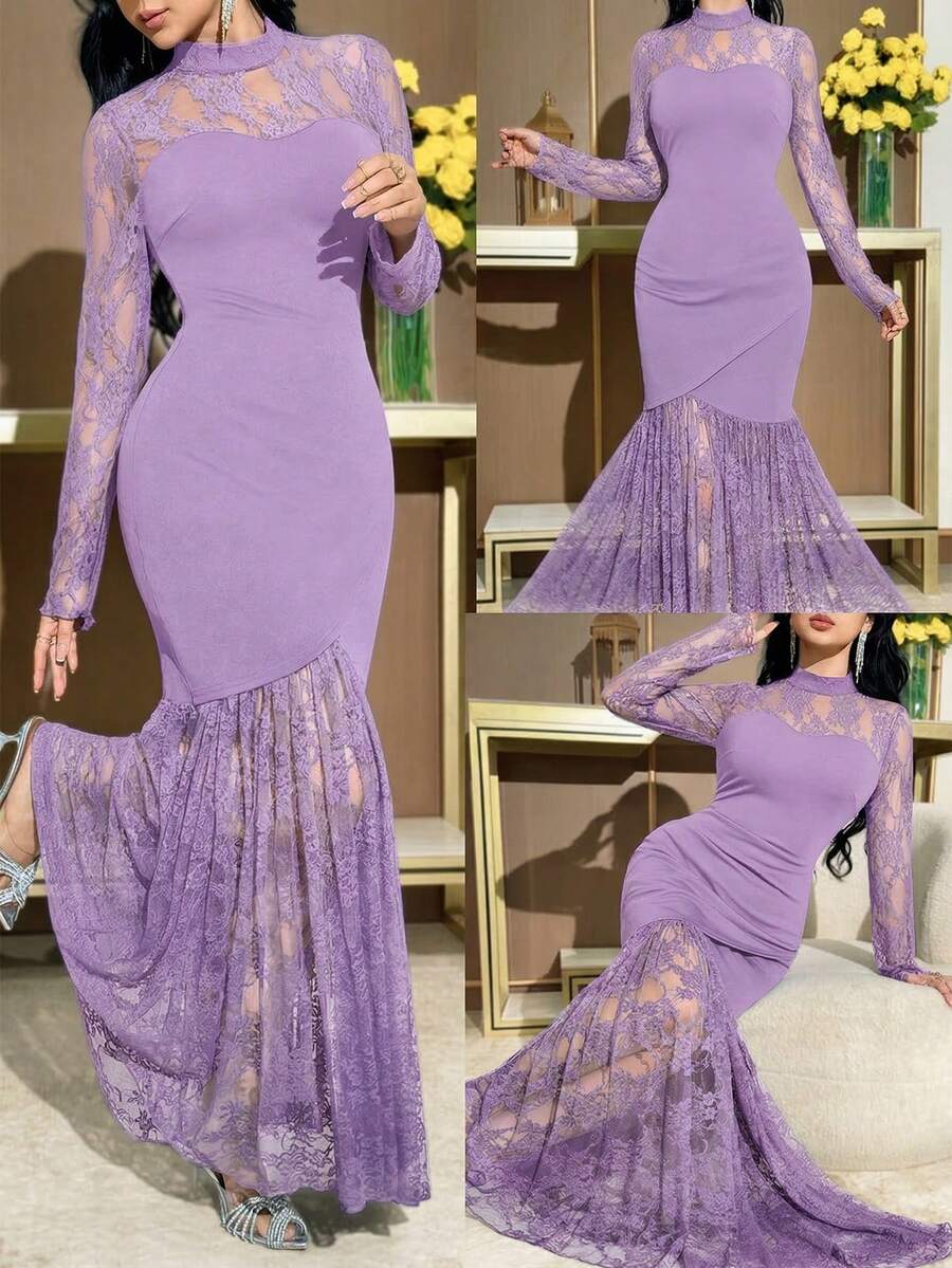 Modelyn Women's Contrast Lace Stand Collar Long Sleeve Fishtail Hem Elegant Dress - Mauve Purple - View 1