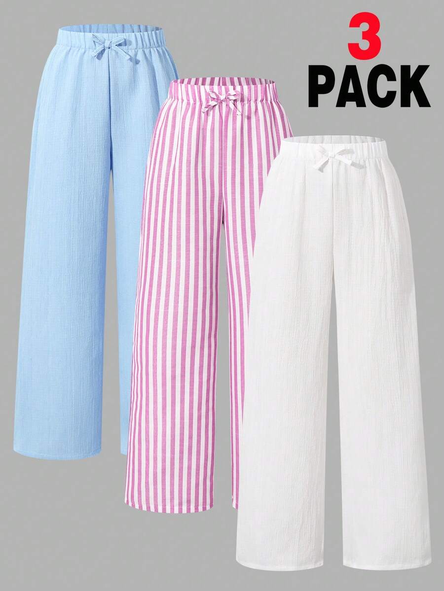 Sparklyn 女童秋冬时尚休闲宽松舒适日常百搭基础款弹力腰带阔腿裤，条纹航海风休闲裤三件套，松紧腰带，蝴蝶结装饰，直筒裤型，舒适宽松版型，多种颜色可选，三件套，女童下装，秋季穿搭，粉色和白色 - 彩色 - 查看 1