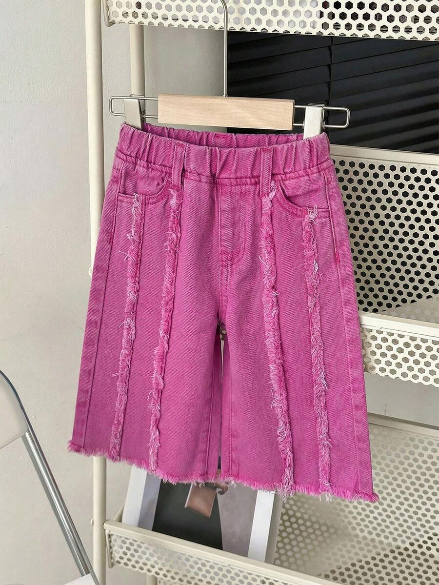 SHEIN LMoss Kids 女嬰寬腿牛仔褲,淡粉色夏季休閒城市度假、波西米亞海灘、西部街頭風、春季假期節慶褲 - 粉色 - 查看 1