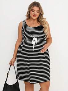 Plussiva Plus Size Maternity Casual Striped Sleeveless Dress For Summer - Black and White - View 5