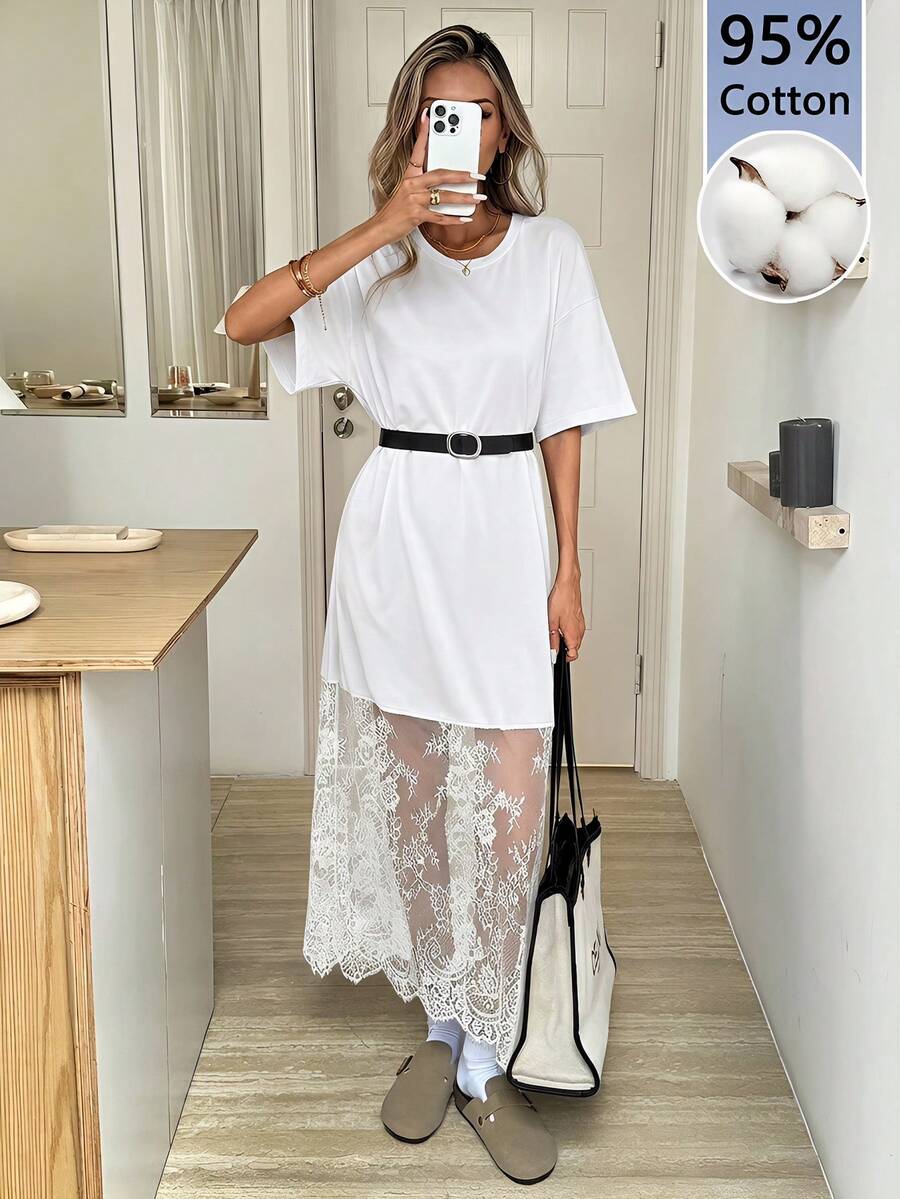 SHEIN LUNE 女士纯色圆领短袖宽松休闲蕾丝T恤连衣裙，时尚百搭，适合外出和通勤，95%棉质，舒适休闲 - 白色 - 查看 1