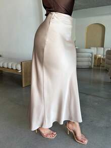 Dayanna Comas 褶裥缎面半身裙，女士优雅褶皱设计，拉链长款常规版型，自然米色纯色女裙，春夏款，职业/商务/工作服 - 米色 - 查看 3