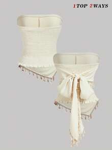 SHEIN MOD 女士抹胸上衣，带流苏系带下摆 - 杏色 - 查看 3