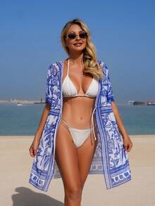 Swim Lushoire 春夏沙滩度假畅销款宽松印花短袖前系带和服罩衫 - 彩色 - 查看 5