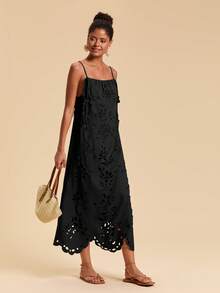 Travachic 女士纯色梭织连衣裙，度假花卉贴花连衣裙，圣诞节服装，新年服装，感恩节服装，时尚优雅派对连衣裙，奢华婚礼宾客派对连衣裙，时尚沙滩装，女士夏季服装，派对连衣裙，沙滩装，女士优雅夏季婚礼宾客连衣裙，橙色吊带裙 - 黑色 - 查看 5