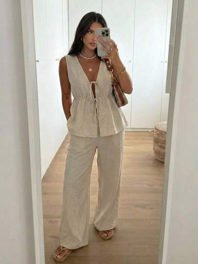 Aloruh 纯色优雅通勤两件套：无袖衬衫 + 休闲直筒裤