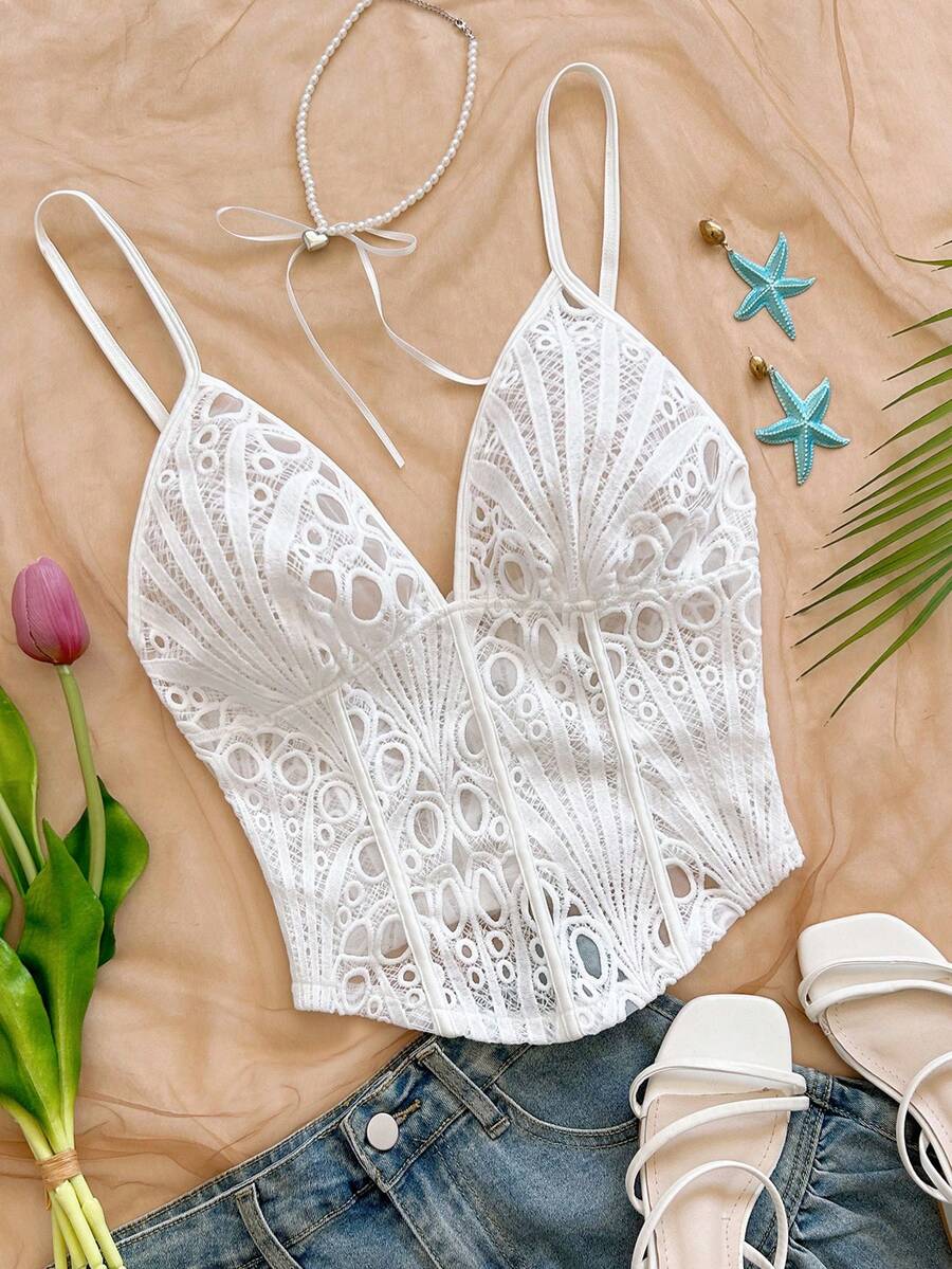 Soleia Camiseta de tirantes bordada de moda para vacaciones de mujer - Blanco - Ver 1