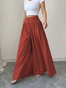 Elenzga 新款优雅时尚花卉搭扣设计宽松阔腿裤，亚麻卡其色长裤，适合春夏、感恩节和万圣节穿着，百搭宽松飘逸阔腿裤 - 紅色 - 查看 3