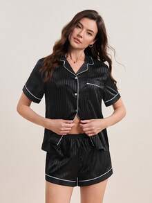 Lapel Collar Contrast Binding Satin Blouse & Shorts PJ Set / Pajama Set - Black - View 5
