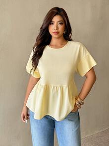 Auralis 大码女装春夏时尚休闲宽松舒适日常百搭修身质感面料黄色短袖衬衫，简约风格，凸显曲线，可爱上衣，奶油黄，外出上衣，女士衬衫，欧洲夏季，荷叶边上衣，女士早午餐穿搭，荷叶边上衣，荷叶边衬衫，娃娃衫，荷叶边女士夏季上衣 - 黃色 - 查看 1