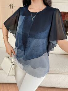 Livesso Women's Loose Fit Ombre Elegant Flowy Blouse - Navy Blue - View 3