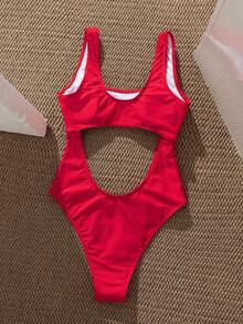 Swim SXY 女士连体纯色镂空泳衣，适合夏季海滩穿着 - 紅色 - 查看 2