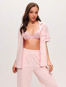 LUVLETTE 柔软女士内衣透气钢圈性感无衬垫显瘦粉色花卉蕾丝薄纱文胸 - 粉色 - 查看 5