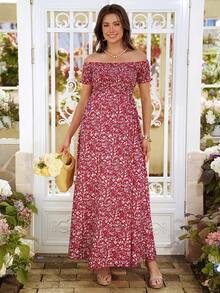 SHEIN 孕妇优雅露肩碎花连衣裙，适合度假、夏季穿着，波西米亚风，适合假日穿着，也适合野餐穿着，露肩连衣裙 - 酒紅色 - 查看 5