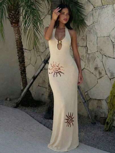 Aloruh Vestido de temporada de boda primavera/verano, elegante y sexy vestido de punto ajustado con patrón de sol, decoración metálica en la cintura y escote halter con recortes para vacaciones