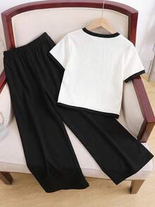 SHEIN 2 piezas Conjunto de niña preadolescente con camisa de cuello en V de color contrastante de manga corta y pantalones casuales - Multicolor - Ver 2