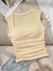 SHEIN EZwear Square Neck Ruched Waist Padded Bra-Free Camisole - Apricot - View 3