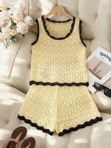 SHEIN Franclia 新款简约夏日度假风优雅镂空波浪领性感吊带背心修身显瘦沙滩度假撞色无袖针织女式毛衣两件套 - 淡黃色 - 查看 7