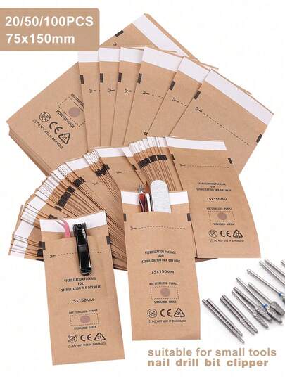 1. Túi tiệt trùng dùng một lần 75x150mm, 20/50/100 chiếc, túi giấy Kraft dùng trong làm móng, túi tiệt trùng dụng cụ làm móng, phụ kiện bảo quản dụng cụ làm sạch, kìm và mũi khoan.