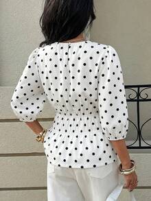 Siren Gaze 女士时尚休闲新款波点花瓣袖衬衫 - 白色 - 查看 2