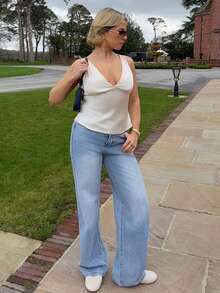 Bethéva Pantalones vaqueros casuales y versátiles de pierna ancha y bolsillos para mujer - Lavado ligero - Ver 4