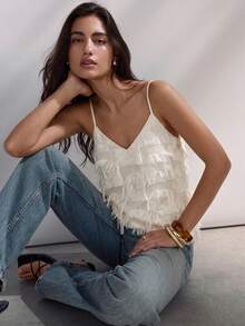 Maija 女士黑色撞色蕾丝上衣，优雅浪漫时尚舒适宽松V领可调节吊带度假/商务休闲衬衫 - 白色 - 查看 4