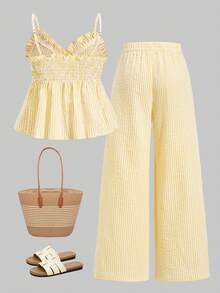 SHEIN 2pcs/Set Spring/Summer Tween Girls Casual Elegant Striped Camisole Top & Matching Striped Pants Set, Suitable For Daily, Commute, Leisure, Vacation, Gathering With Friends - Yellow - View 2