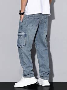 Manfinity Homme Men's Casual Cargo Jeans, Minimalist & Fashionable For Everyday Wear - Blue - View 5