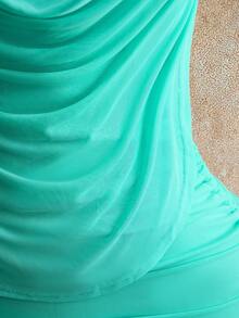 Mistrie Women's Summer Casual Bohemian Vacation Style Mesh Halter Drawstring Ruffled Dress - Mint Green - View 4