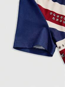 ROMWE Grunge Punk Women's Y2K Retro British Flag Print Rhinestone Rivet Oblique Shoulder Tight Fitting Short Sleeve Top - Blue - View 4