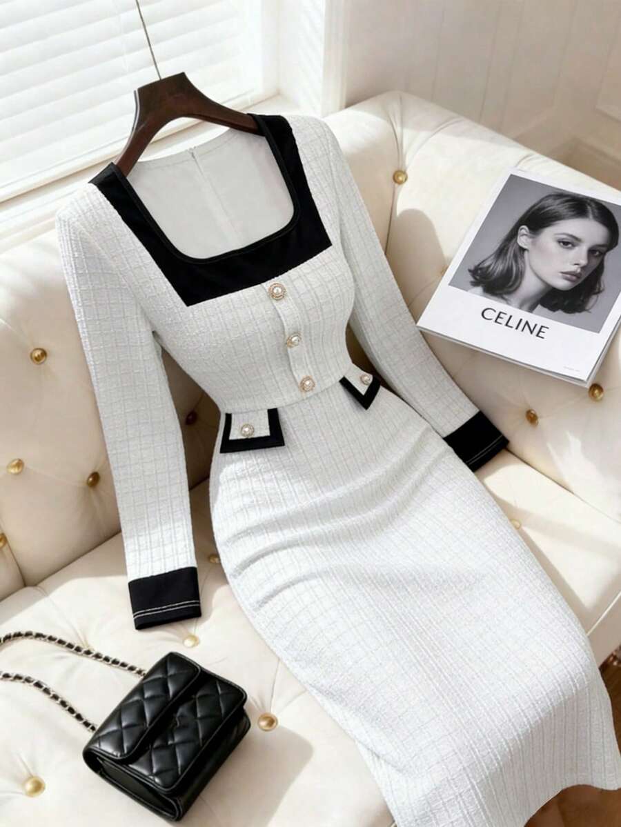 Elenzga 新款优雅法式爱国日连衣裙，方领，单排扣，拼色设计，收腰，修身剪裁，粗花呢面料，开衩下摆，适合秋季、节日、教师装 - 黑與白 - 查看 1