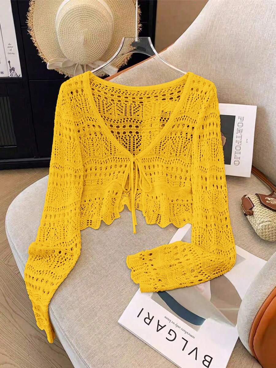 SHEIN Franclia New Solid Color Hollow Crochet Lace Lightweight Cardigan, Versatile Outerwear For Women - Mustard Yellow - View 1