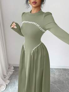 Modelyn Elegant Long Wine Red Beaded Dress For Women, Suitable For Outings In Winter - Gray green - View 3