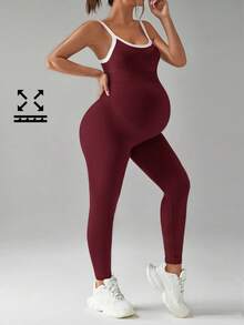 SHEIN Maternity Contrast Color Camisole & Pants Set,Word Cup - Burgundy - View 9