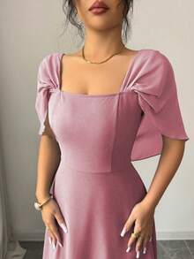 Modelyn 女士方领收腰A字长连衣裙，优雅浪漫日常穿着 - 粉色 - 查看 4