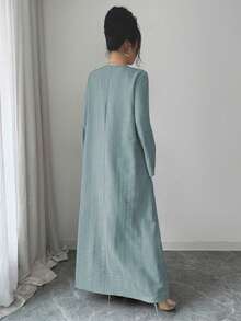 Yasmyna Women's Square Neck Long Sleeve Loose Textured Sequins Embroidered Floral Applique Romantic Elegant Arabic Style Dress - Dusty Blue - View 2